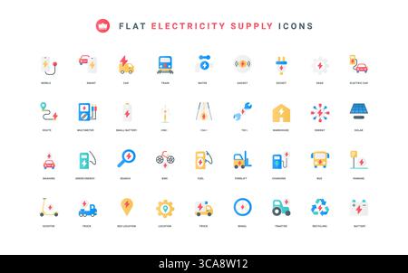 Elektrische Energieeffizienzklassen und -Meter, dünne Symbole Vektorillustration. Stromerzeuger und Stromerzeuger, Elektriker-Ausrüstung und -Werkzeuge, Power Flat Icon Set Stock Vektor