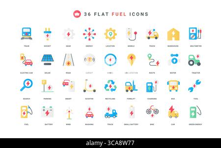 Farbsymbole für Kraftstoff- und Elektrotransporte, grüne Stromerzeuger, Standort der Gas- und Ladestation. Elektroauto und Roller, Zug und LKW, intelligente Gadget flache Elemente Vektorillustration Stock Vektor