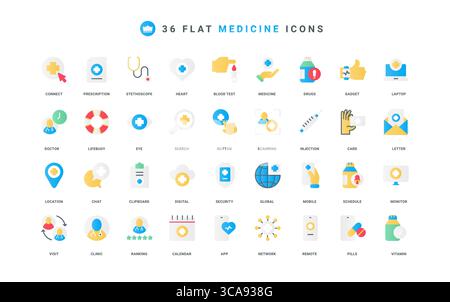 Medizinische Dienstleistungen in Krankenhaus und Online-Medizin, Ärzte verschreibungspflichtige Farbsymbole Set. Klinikbewertung und Beratungskalender, Telemedizin-Service in der mobilen App-Flachelemente-Vektorillustration Stock Vektor