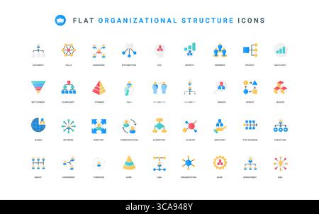 Abteilungs- und Teamhierarchie, Projekttabelle mit dünnen Symbolen Vektorillustration. Organisationsstruktur der Community, des Unternehmens und der Führung, flache Symbolgruppe der Gruppenorganisation Stock Vektor