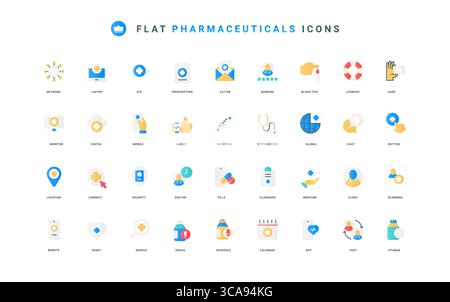 Ärztliche Verordnung, ein Pauschaltermin auf der dünnen Symbolvektorillustration des Kalenders. Arzneimittel, medizinische Versorgung für Behandlung und Versicherung, Pillen und Vitamine flache Icon Set Stock Vektor