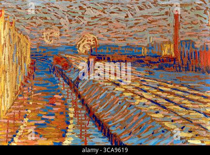 Carl Segal – Railway Embankment in the Snow (1910) – zeigt eine Winterszene mit einem Eisenbahndamm und Gleisen, die durch den Schnee schneiden. Stockfoto