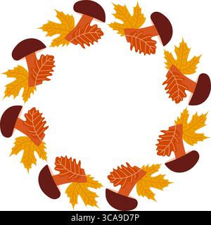 Herbstpilze und Ahorn- und Eichenblattkranz. Kreisrahmenvorlage für Grußkarten oder Ausdrucke. Gemütliche flache Illustration. Stock Vektor