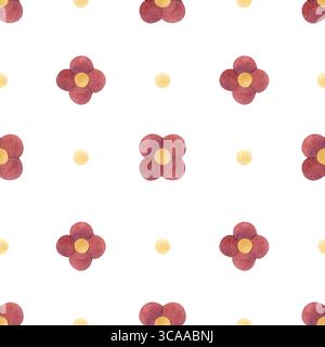Abstrakte süße rote Blumen, gelbe Kreise florale nahtlose Muster. Aquarellverzierung, isoliert vom Hintergrund. Mädchenkonzept, Kinder Stockfoto