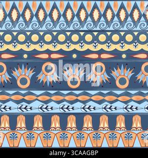 Ethnische Folklore Ornament nahtlose Stammesmuster, geometrische Figuren. Abstrakte bunte Aquarellabbildung isoliert auf blauem Hintergrund. Für Stockfoto