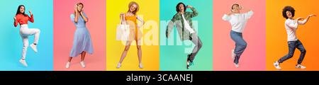 Verschiedene Gruppen posieren in stylischen Outfits vor farbenfrohen Hintergründen Stockfoto