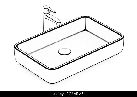 Skizze mit quadratischem Waschbecken und Wasserhahn im Bad auf weißem Hintergrund Stockfoto