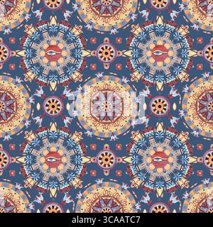 Ägyptisches nahtloses Stammesmuster, Arabesk-Runden, antike ethnische orientalische Ornamente. Geometrische symmetrische Muster, heiliger Lotus, Horusauge Stockfoto