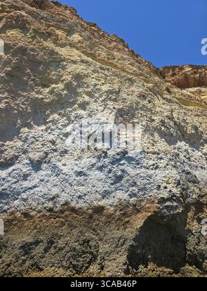Aus nächster Nähe sehen Sie steile Kalksteinklippen an der Algarve, Portugal, mit geschichteten Felsformationen und Anzeichen von Küstenerosion unter einem klaren Himmel Stockfoto