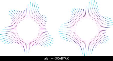 Sound-Equalizer-Symbole mit Linien und Punkten, Farbverlauf-Neon-kreisförmige Sound-Wellen-Rahmen, abstrakte Radialmusik-Symbole. Stock Vektor
