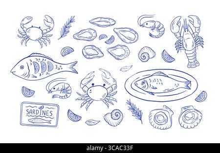 Set von Hand zeichnen mediterrane Meeresfrüchte Vektor-Illustration. Austern, Hummer, Krabben, Fisch, Jakobsmuscheln, Sardine, Shrimps Clipart Stock Vektor