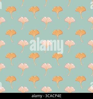 Nahtloses Herbstmuster mit rosa und gelben Ginkgo-Blättern auf mintfarbenem Hintergrund. Vektor-Laubhintergrund. Stock Vektor