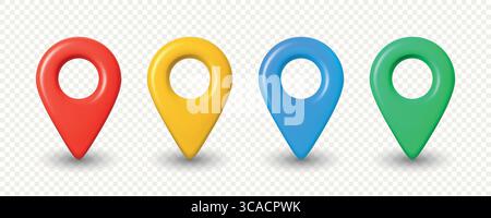 Vektor 3D realistische Kartensymbole in Rot, Gelb, Blau, Grün für GPS-Kartenmarkierung. Symbolsatz für PIN-Zeiger der Navigationskarte für mobile App Stock Vektor