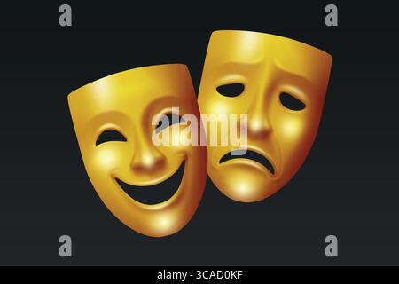 Vector 3D Goldene Theatermasken für Komödie und Tragödie im klassischen griechischen und römischen Stil. Theatermasken für Theater- und Theatershows. Theatermasken Stock Vektor