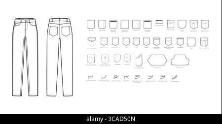 Set Jeans mit Taschen – technische Modeschild aus Denim mit Patch, abgerundetes, traditionelles Känguru, 5° abgewinkelt, Nieten. Flache blaue untere Schablone, Vorderseite, Rückseite, graue Farbe. CAD-Modell Stock Vektor