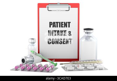 Patientenaufnahme und Einwilligungserklärung, medizinisches Klemmbrett mit Medikamenten. 3D-Rendering isoliert auf weißem Hintergrund Stockfoto
