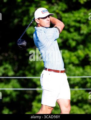 30. Mai 2023: Billy Horschel (USA) schlägt während einer Übungsrunde beim Memorial Tournament in Dublin (Ohio) im 1. Loch ab. Brent Clark/Cal Sport Media (Bild: © Brent Clark/CSM via ZUMA Press Wire) Stockfoto