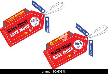In kräftigem Rot in Schwarz am freitag sparen Sie mehr Tag-Vektor mit 60 % Rabatt auf Werbeletiketten und Aufhängeband Stock Vektor