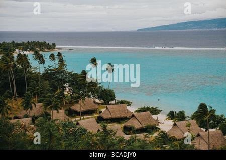 Strohgedeckte Strandbungalows säumen eine tropische Küste mit türkisfarbenem Wasser auf Moorea Island, Französisch-Polynesien. Stockfoto