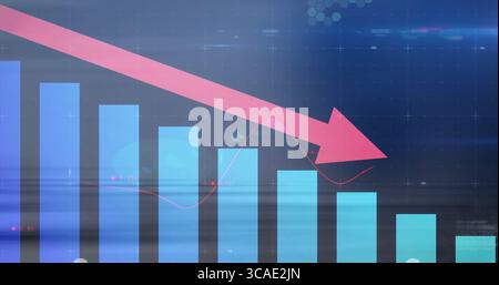 Anzeige eines dicken rosafarbenen Abwärtspfeils mit Trend im Finanz-Dashboard, mit roter Linie und Balkendiagramm Stockfoto