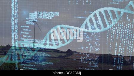 Zeigt halbtransparente DNA-Helix, die sich über grasbewachsene Hügel erstreckt, mit scrollenden Code-Fragmenten Stockfoto