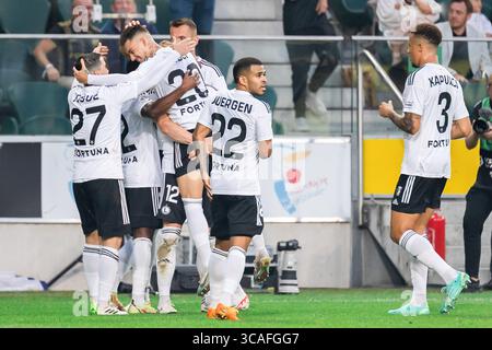 3. September 2023, Warschau, Polen: (L-R) Josue Pesqueira, Ernest Muci, Jürgen Elitim, Steve Kapuadi aus Legia feiern ein Tor während des Polnischen PKO Ekstraklasa League-Spiels zwischen Legia Warszawa und Widzew Lodz im Marschall Jozef Pilsudski Legia Warschau Municipal Stadium. (Foto: © Mikolaj Barbanell/SOPA Images via ZUMA Press Wire) Stockfoto
