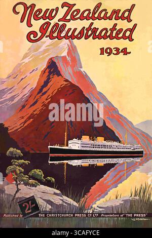 Ein wunderschönes Cover aus dem Jahr 1934, das ein Kreuzfahrtschiff im Milford Sound zeigt Stockfoto