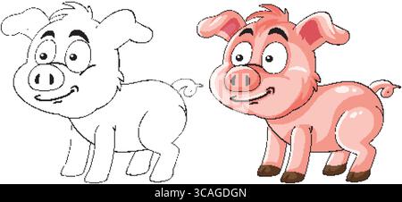 Vektor-Illustration eines fröhlichen Schweins in Farbe und Umrissstilen, mit verspieltem Ausdruck und Cartoon-Ästhetik Stock Vektor