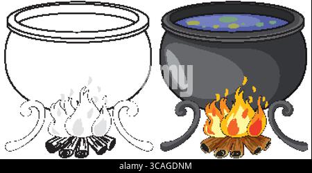 Vektor-Illustration eines Kessels über einem Feuer, mit lebhaften Zaubertrank-Farben und detaillierter Linienkunst Stock Vektor