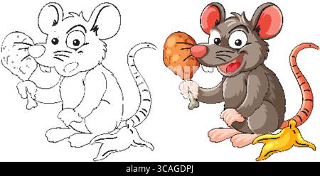 Vektor-Illustration einer fröhlichen Karikaturratte, die einen Hühnertrommelstock hält, auf einer Bananenschale sitzt, in Farbe und Umrissstilen gezeigt Stock Vektor