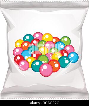 Vektor-Illustration von verschiedenen bunten Süßigkeitenbällen in einer klaren Kunststoff-Snack-Tasche, mit hellen Highlights und sauberem, einfachem Zeichentrickstil Stock Vektor
