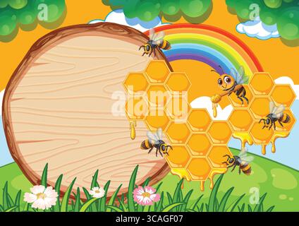 Bienen arbeiten an Waben mit Regenbogenhintergrund Stock Vektor