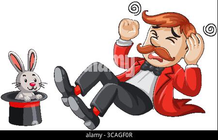 Cartoon-Magier in rotem Anzug fällt im Schock rückwärts, als ein Kaninchen aus einem schwarzen Hut springt, flacher Vektor-Stil Stock Vektor