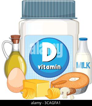 Vector illustration of vitamin D supplement bottle surrounded by egg, fish, cheese, milk, oil, and mushroom in bright, clean style Stock Vektor