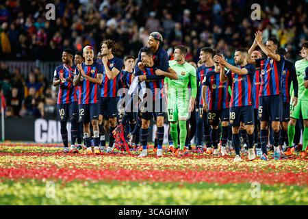 20. Mai 2023, BARCELONA, SPANIEN: Spieler des FC Barcelona feiert den Sieg der Saison 2022/2023 nach dem Spiel gegen Real Sociedad im Spotify Camp Nou in Barcelona, Spanien, am 20. Mai 2023. (Kreditbild: © AFP7 über ZUMA Press Wire) Stockfoto