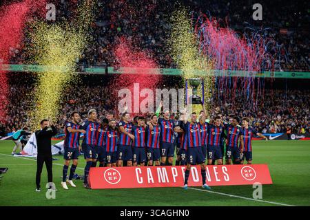 20. Mai 2023, BARCELONA, SPANIEN: Spieler des FC Barcelona feiert den Sieg der Saison 2022/2023 nach dem Spiel gegen Real Sociedad im Spotify Camp Nou in Barcelona, Spanien, am 20. Mai 2023. (Kreditbild: © AFP7 über ZUMA Press Wire) Stockfoto