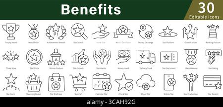 Bearbeitbare Positionssymbole für Leistungen für Mitarbeiter-, Versicherungs-, Gesundheits- und Arbeitsplatzvergünstigungen Stock Vektor