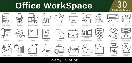In Office Workspace werden bearbeitbare Zeilensymbole für Business, Professional, Corporate und Workplace-Umgebungen festgelegt Stock Vektor