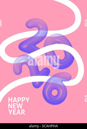 Modernes Neujahrsplakat 2026 mit Halbtonziffern auf rosa Hintergrund. Abstraktes weißes Band sorgt für festliche Atmosphäre. Auffällige lila Zahlen und minimalistisch Stock Vektor