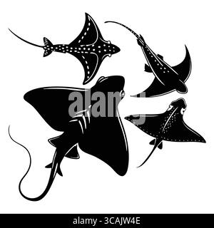 Silhouettenillustration von Engelhai-Stachelrochen in verschiedenen Posen in Schwarz und weiß Stock Vektor