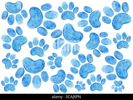 Satz Pfotenabdrücke. Verschiedene Größen. Chaotisch verstreut auf weißem Hintergrund. Verschiedene Blautöne. Haben eine Textur. Mit Aquarell bemalt Stockfoto