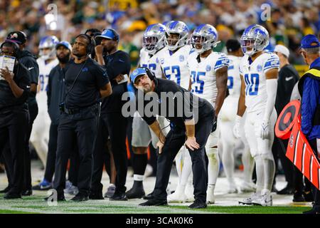 28. September 2023: Dan Campbell, Cheftrainer der Detroit Lions, während des NFL-Fußballspiels zwischen den Detroit Lions und den Green Bay Packers im Lambeau Field in Green Bay, Wisconsin. Darren Lee/CSM (Kreditbild: Stockfoto