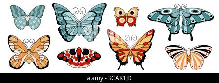 Grooviges Schmetterlingsset mit Monarch und Streifen, Flügeln mit geometrischem Muster, Motte mit Augenflecken und Blumendesign, luna mit Kreisen und Blumenflügel, Sternenmuster und Herzen für Hippie-Kunst Stock Vektor