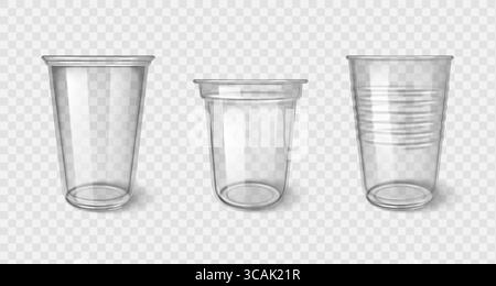 Einwegbecher aus transparentem Kunststoff – transparente Trinkgefäße mit verschiedenen Designs. Leere Getränkebehälter für kalte Getränke. Wiederverwertbare Trinkgeschirr-Verpackung für kommerzielle Branding. Stock Vektor