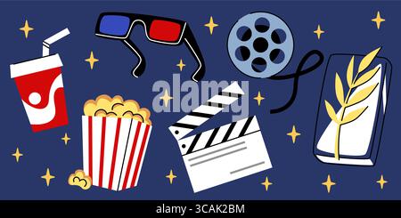Cinema Doodle Kollektion mit Kinoelementen für Entertainment-Design und Filmfestival-Grafiken. Popcorn-Box mit 3D-Gläsern, Folienrolle und Klappertafel. Niedliche Ikonen für Filmabende. Stock Vektor