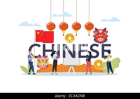 Chinesischer Sprachkurs mit chinesischen Elementen. Schulpädagogik-Vektor-Cartoon Stock Vektor