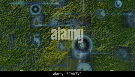 Holographisches kreisförmiges Radarelement über Walddach mit HUD-Panels Stockfoto