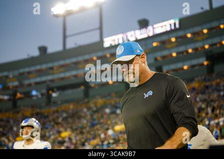 28. September 2023: Dan Campbell, Cheftrainer der Detroit Lions, während des NFL-Fußballspiels zwischen den Detroit Lions und den Green Bay Packers im Lambeau Field in Green Bay, Wisconsin. Darren Lee/CSM (Kreditbild: Stockfoto