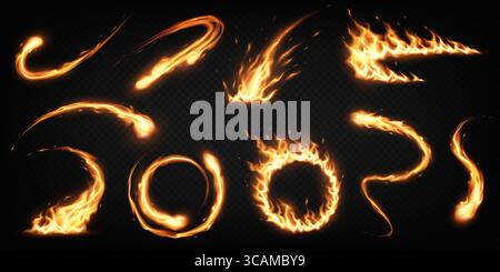 Eine Reihe feuriger Wirbel und Wege in glühenden Flammen. Vor dunklem Hintergrund angeordnet. Wird für Energie- und Leistungsthemen in digitalen und grafischen Designs verwendet. Stock Vektor
