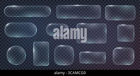 Set aus Rahmen und Design-UI UX-Elementen im Stil von Flüssigglas. Sammlung von Tasten aus glänzendem, transparentem Glas in verschiedenen Formen. Ideal für UI A Stock Vektor